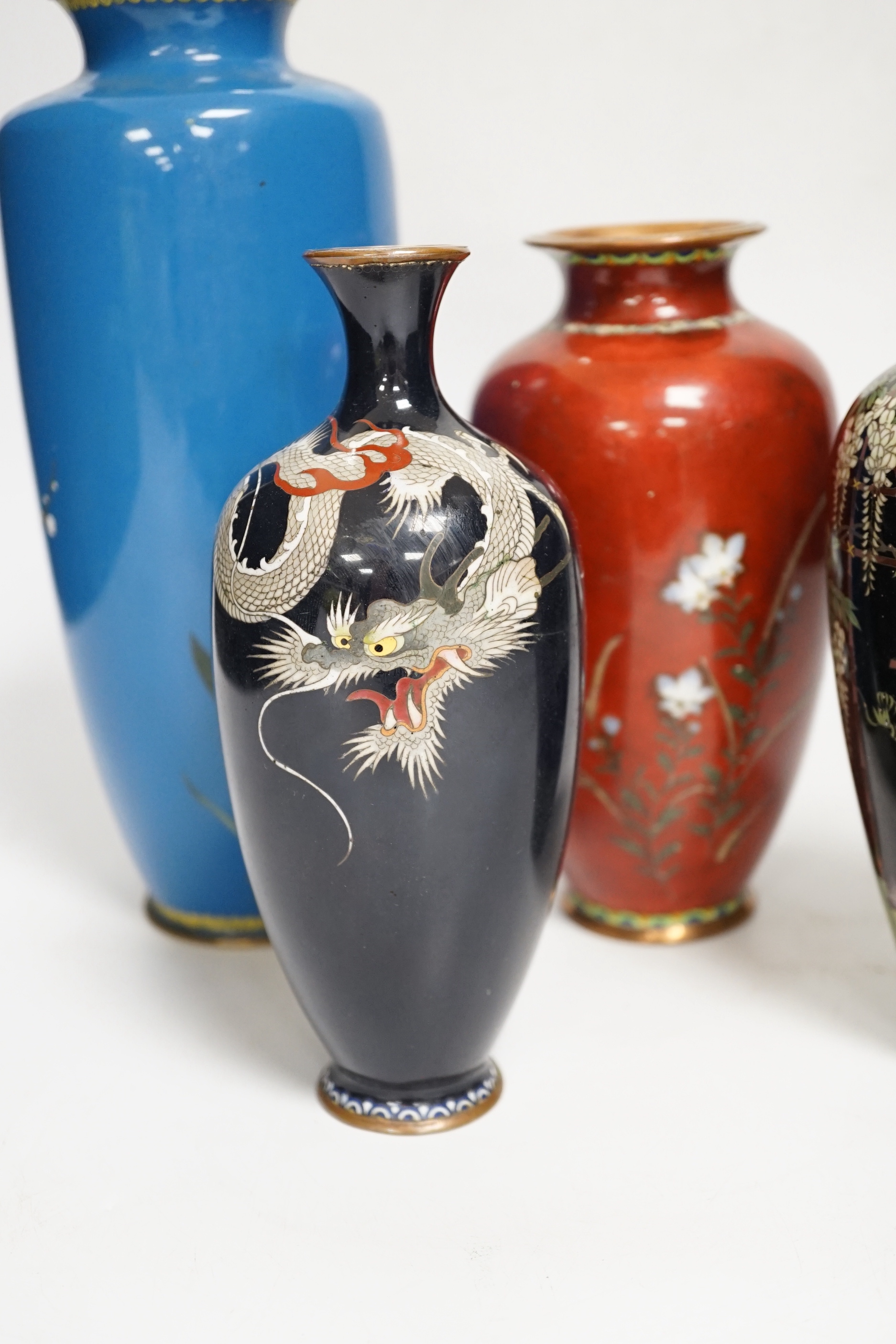 Four Japanese cloisonne enamel vases, tallest 24.5cm